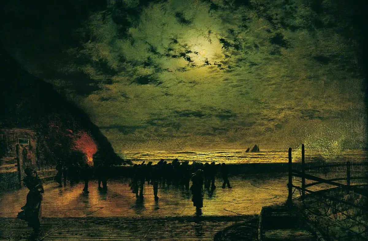 « Burning Off », un bateau de pêche à Scarborough - John Atkinson Grimshaw image 1 copie peinte à la main à l’huile