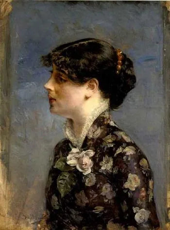Buste d'une jeune brune de profil, à gauche, en chemisier fleuri - Giovanni Boldini image 1 reproduction de peinture à l’huile