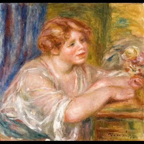 Buste de jeune fille regardant des fleurs - Pierre-Auguste Renoir