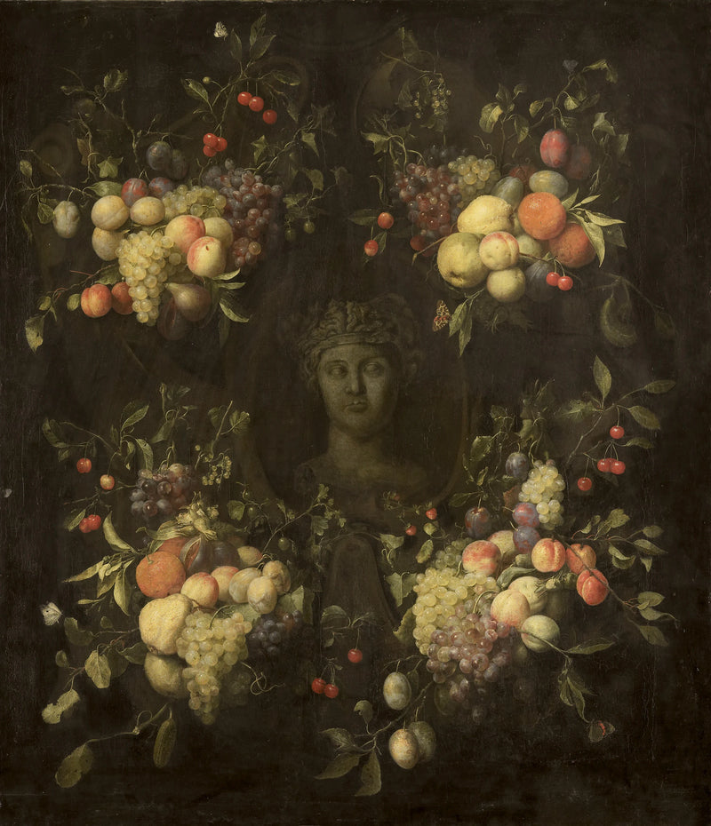 Buste en marbre entouré d'un feston de fruits - Joris van Son