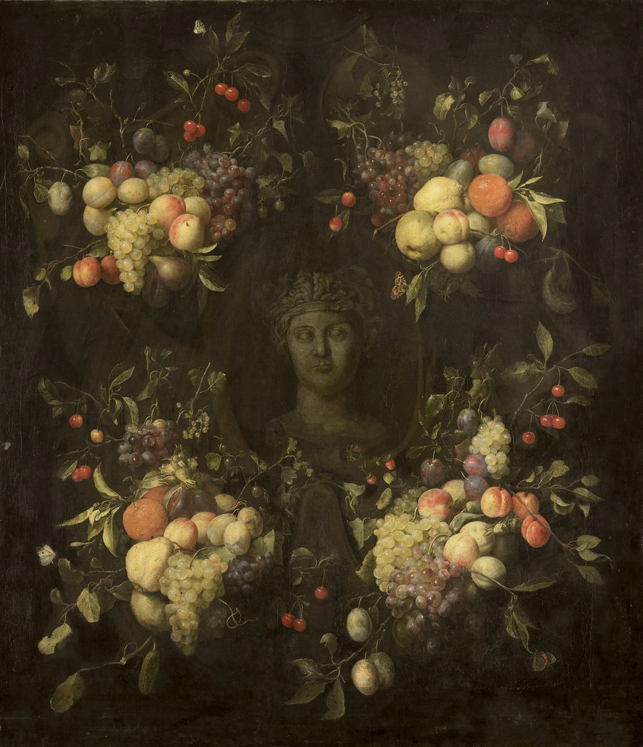 Buste en marbre entouré d'un feston de fruits - Joris van Son