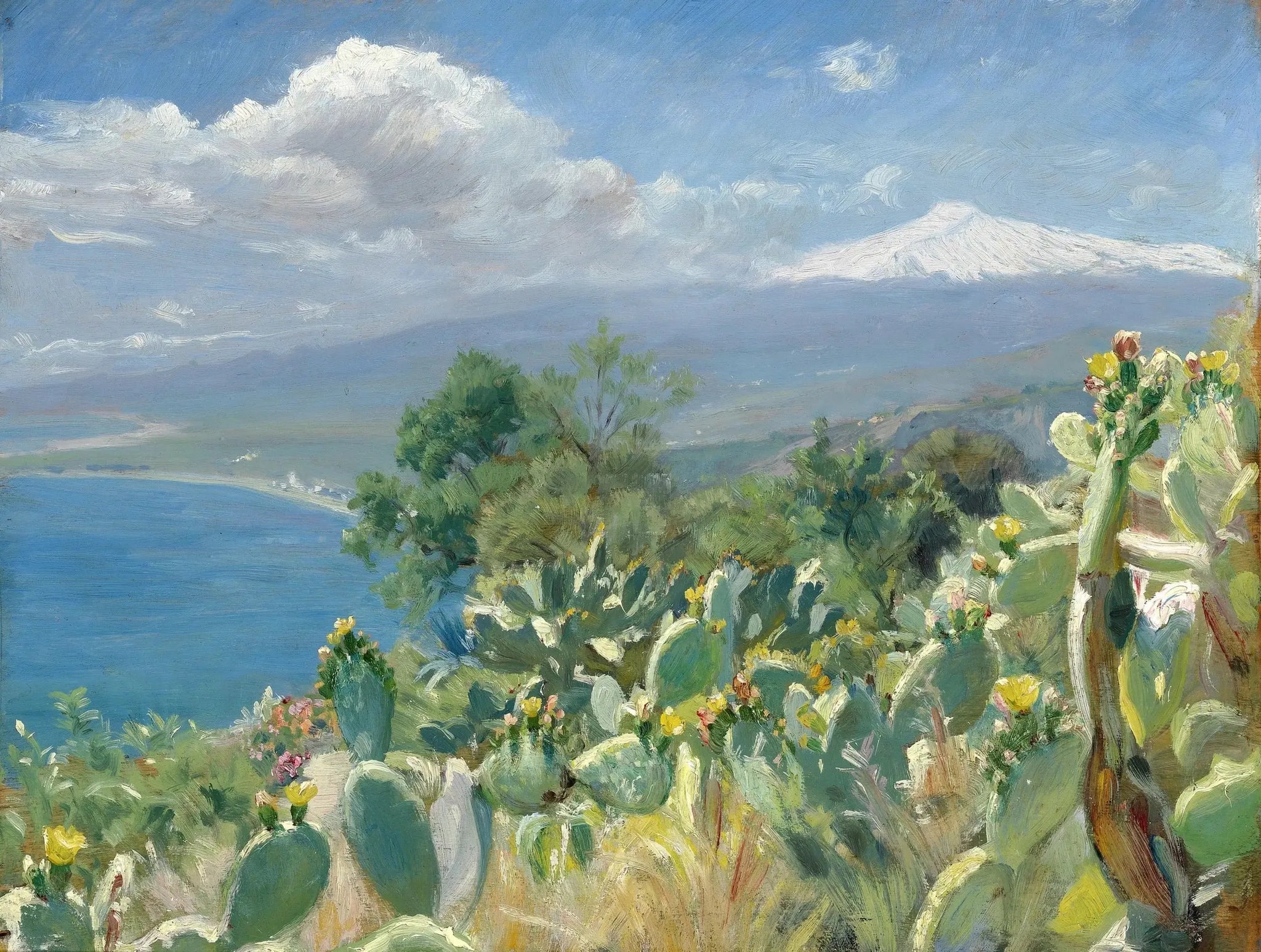 Cactus florissants près de Toarmina. En arrière-plan, l'Etna recouvert de neige. - Peder Severin Krøyer image 1 copie peinte à la main à l’huile