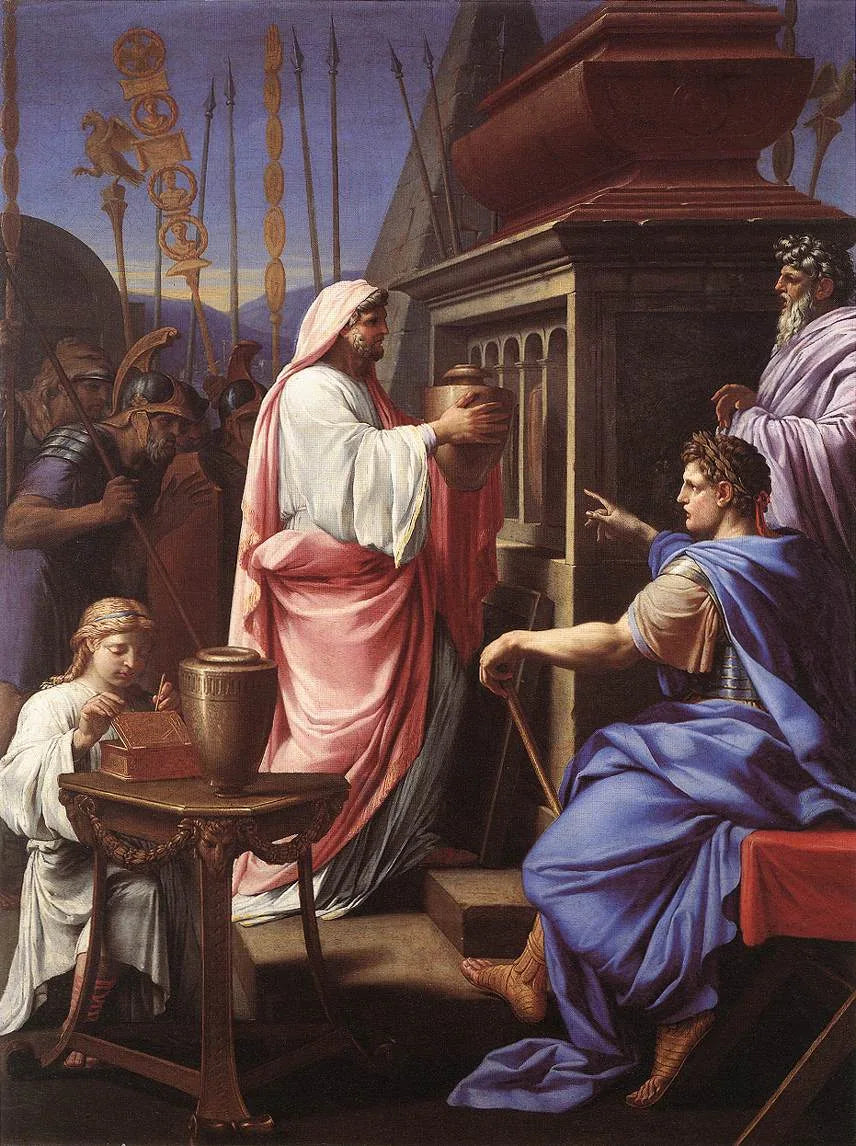 Caligula déposant les cendres de sa mère et de son frère dans la tombe de ses ancêtres - Eustache Le Sueur image 1 reproduction artisanale de tableau