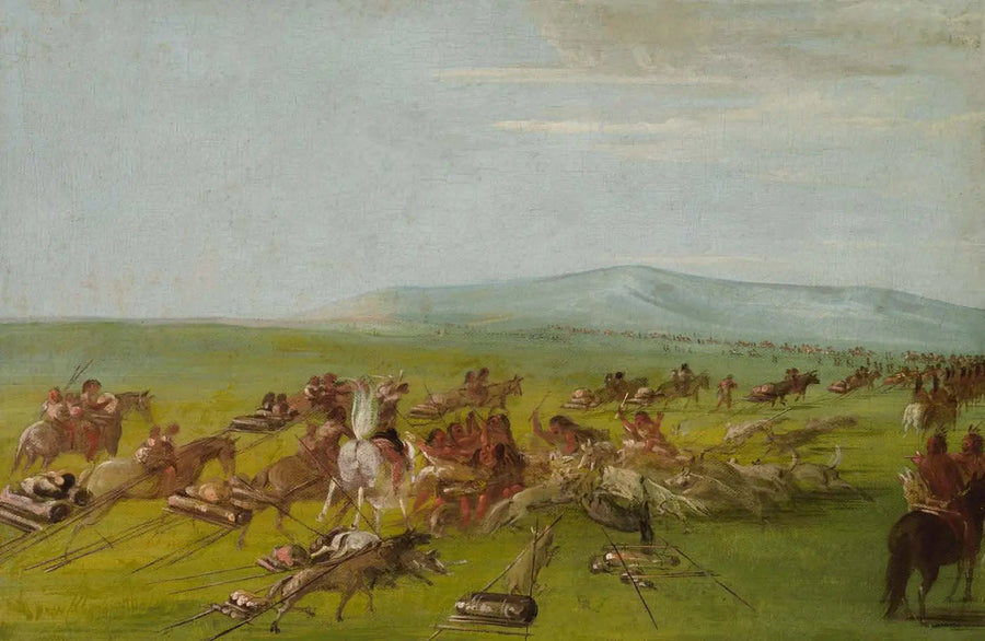 Campement Comanche en mouvement, combat de chiens en route - George Catlin