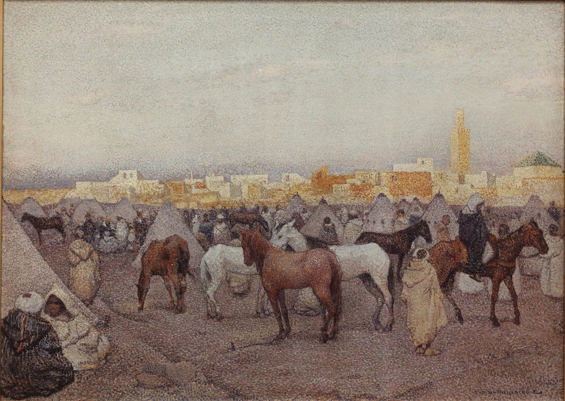 Campement de tentes ou marché aux chevaux près de Marrakech - Théo van Rysselberghe image 1 copie peinte à la main à l’huile
