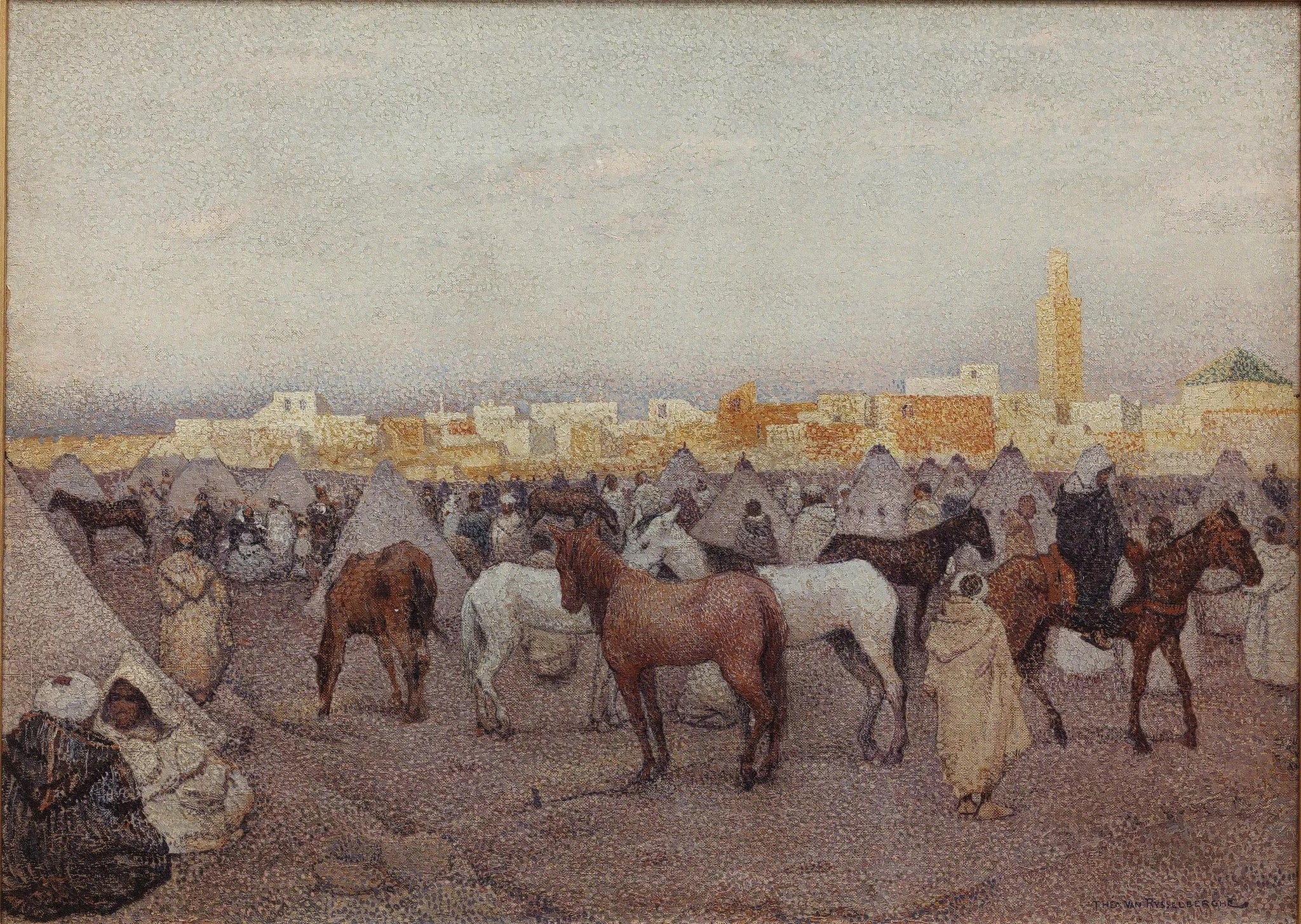 Campement de tentes ou marché aux chevaux près de Marrakech - Théo van Rysselberghe image 1 copie peinte à la main à l’huile
