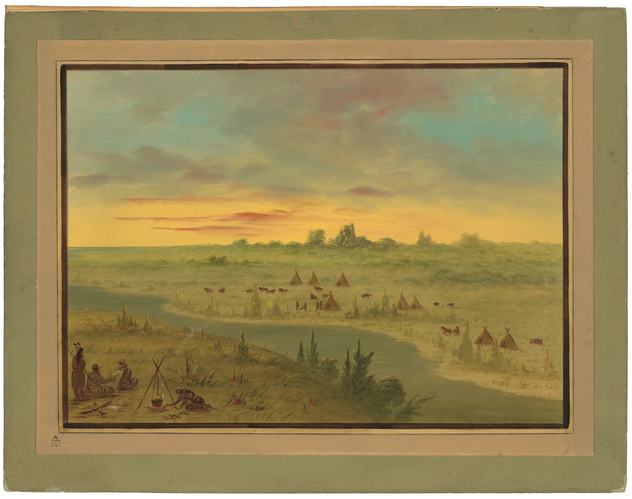 Campement des Indiens Pawnee au coucher du soleil - George Catlin image 1 reproduction artisanale de tableau