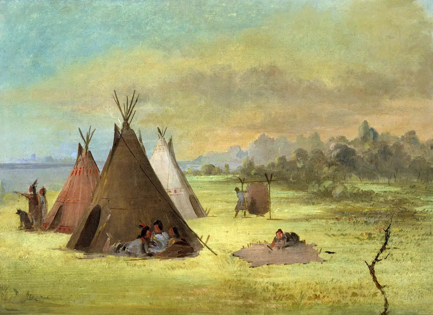 Campement indien, Comanche (ou Kiowa) préparant des peaux, Rivière Rouge - George Catlin image 1 reproduction de peinture à l’huile