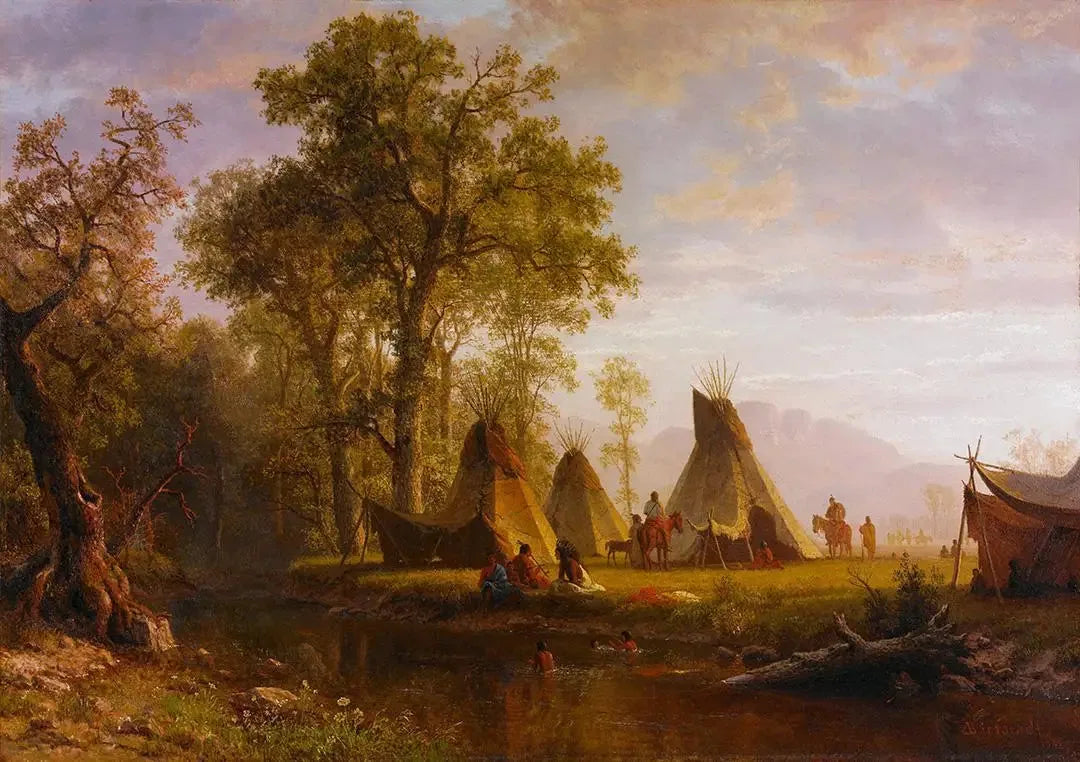 Campement indien, fin d'après-midi - Albert Bierstadt image 1 tableau peint à l’huile sur toile