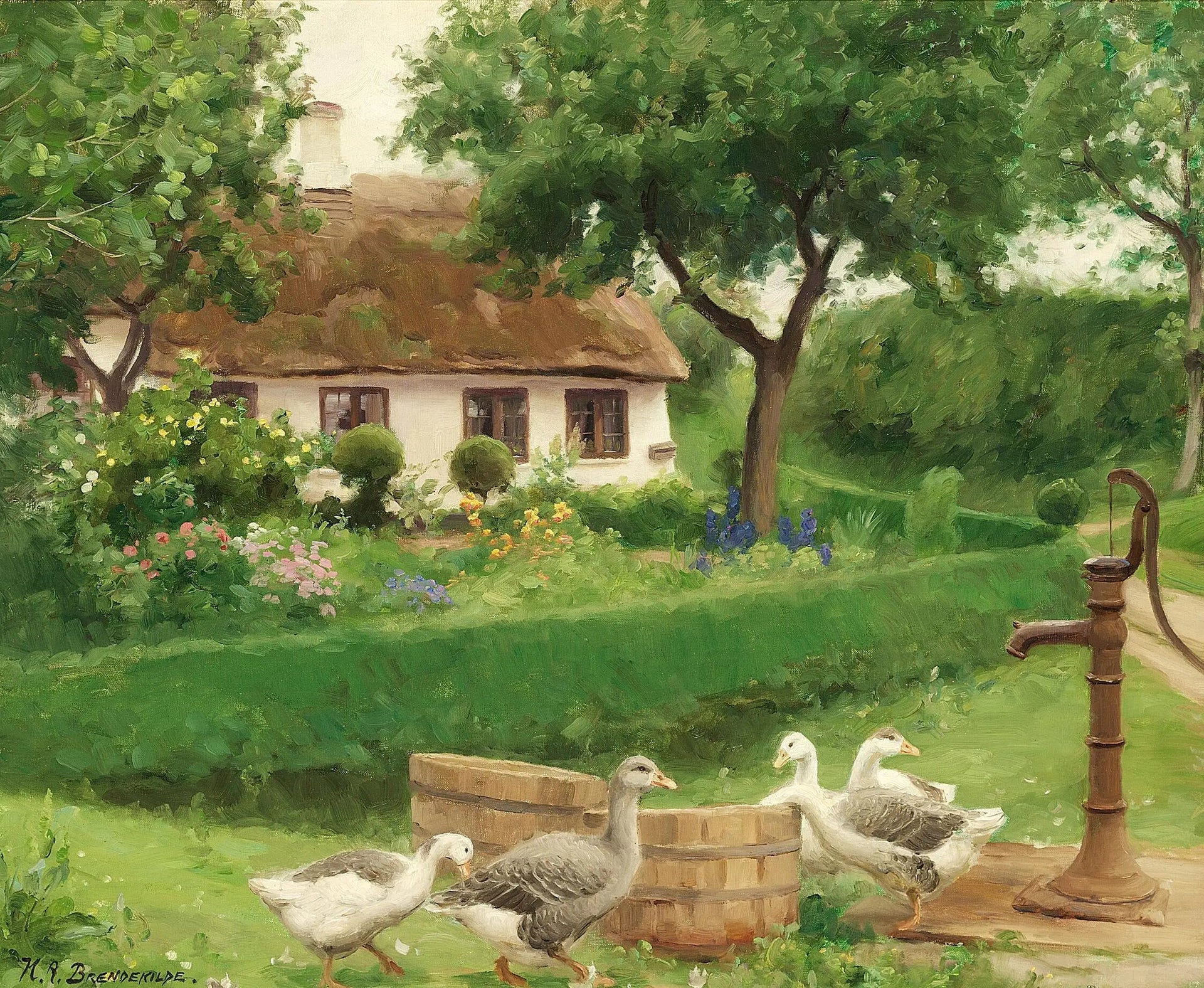 Canards à une pompe à eau derrière une ferme au toit de chaume. - H. A. Brendekilde image 1 reproduction de peinture à l’huile