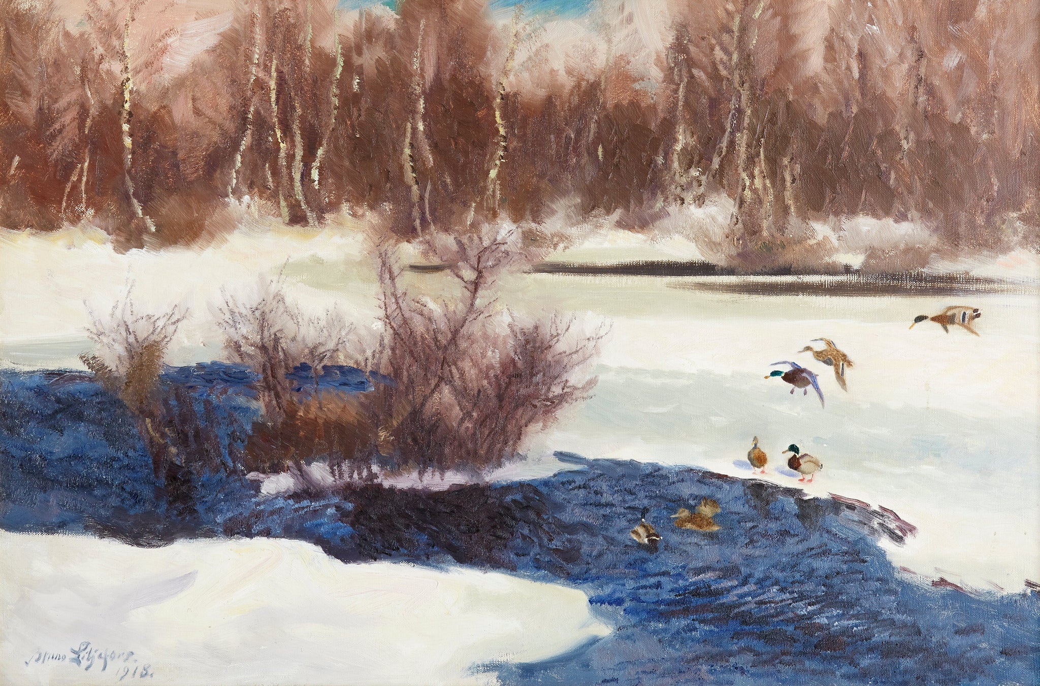 Canards colverts sur un cours d'eau gelé - Bruno Liljefors image 1 copie de tableau peinte à la main
