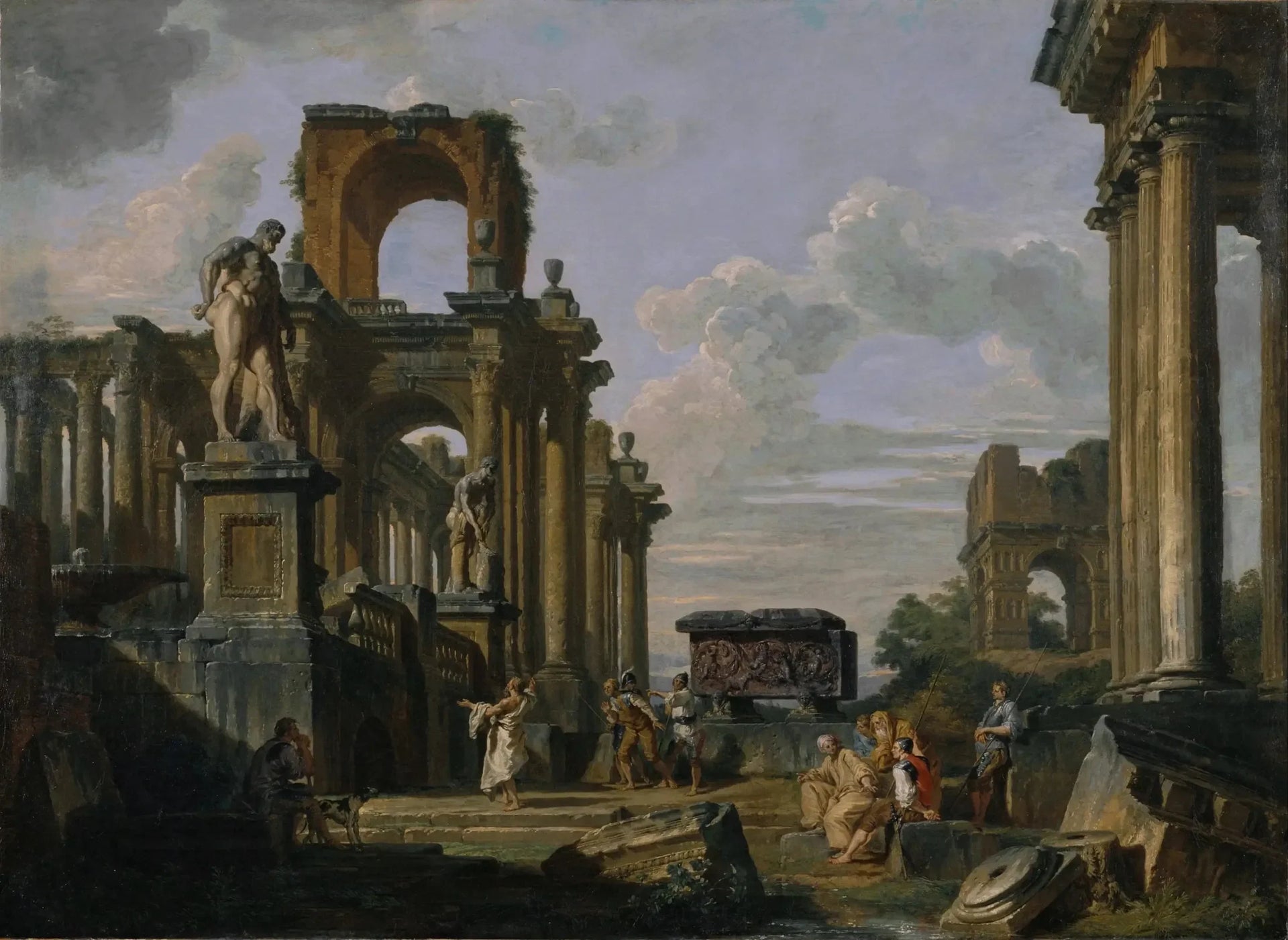 Capriccio architectural du Forum romain avec des philosophes et des soldats parmi des ruines antiques, dont l'arc de Janus Quadrifrons, le sarcophage de Santa Constanza, l'Hercule Farnèse et le Cincinnatus - Giovanni Paolo Panini image 1 reproduction artisanale de tableau