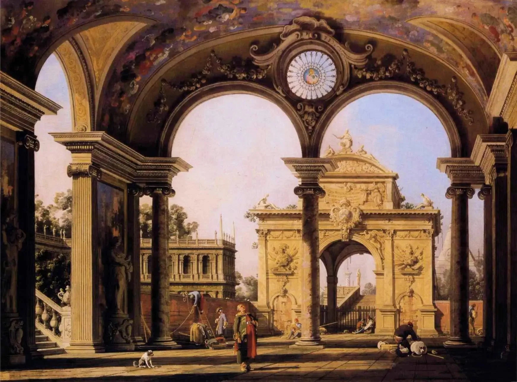 Capriccio avec un arc de triomphe renaissance vu depuis le portique d'un palais - Canaletto image 1 tableau peint à l’huile sur toile