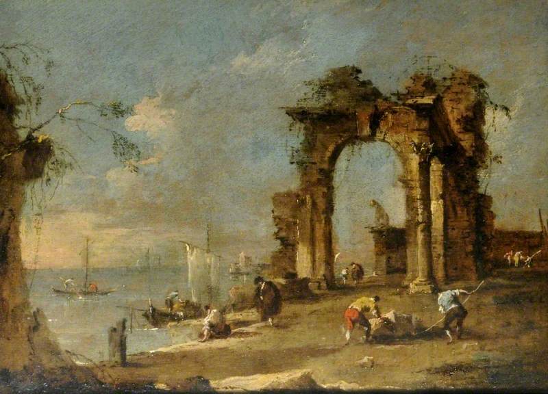 Capriccio avec une arche en ruine au bord d'une lagune - Francesco Guardi image 1 reproduction artisanale de tableau