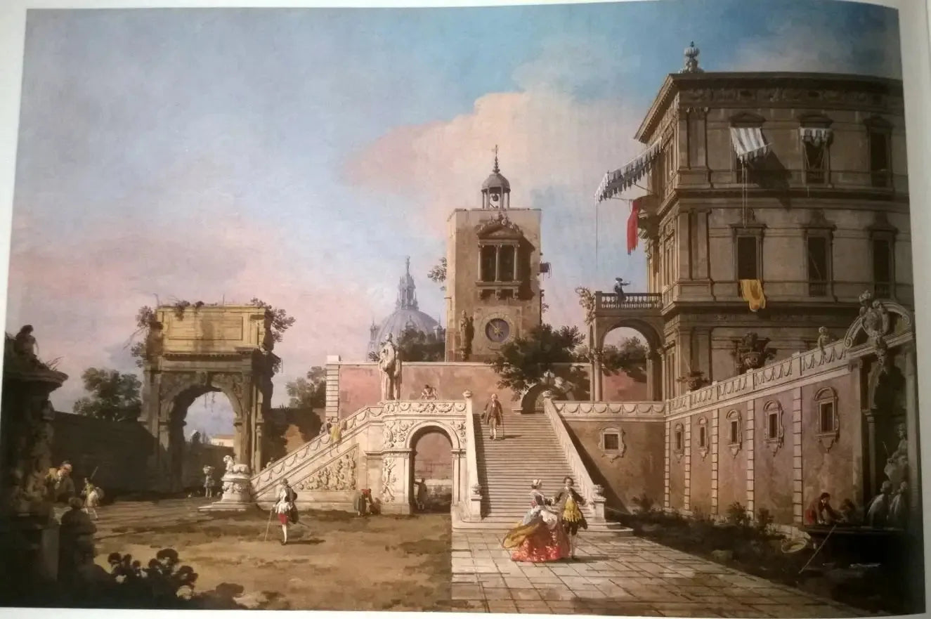 Capriccio d'un palais de la Renaissance avec un escalier monumental, une tour de l'horloge et l'arc de Titus au-delà - Canaletto image 1 copie de tableau peinte à la main