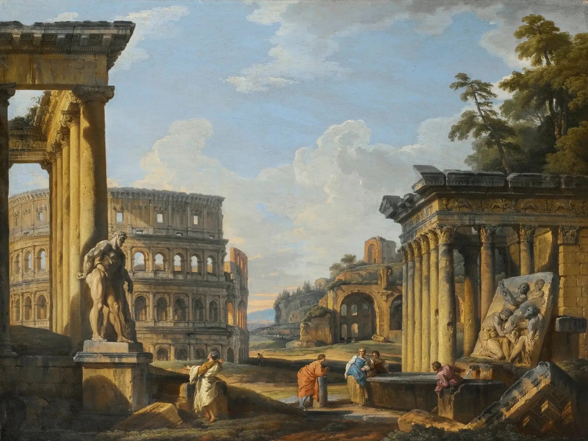 Capriccio de ruines classiques avec le temple d'Antoine et Faustine, le Colisée, la basilique de Maxence - Giovanni Paolo Panini image 1 reproduction de peinture à l’huile