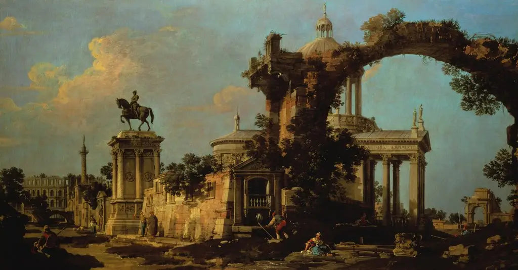Capriccio de ruines romaines avec une église à coupole et le monument Colleoni - Canaletto image 1 reproduction artisanale de tableau