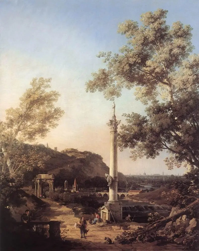 Capriccio : paysage de rivière avec une colonne - Canaletto image 1 reproduction artisanale de tableau