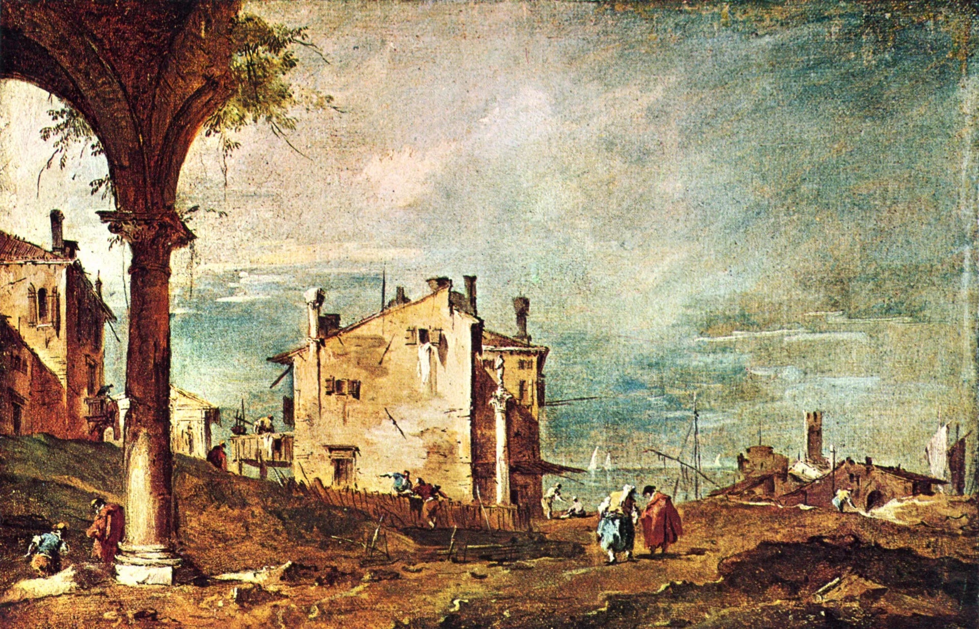 Capriccio : Ruines d'une arche et fermes au bord d'une lagune - Francesco Guardi image 1 reproduction artisanale de tableau