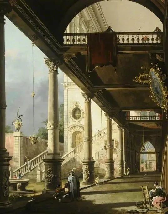 Capriccio : Une colonnade ouvrant sur la cour d'un palais - Canaletto image 1 reproduction de peinture à l’huile