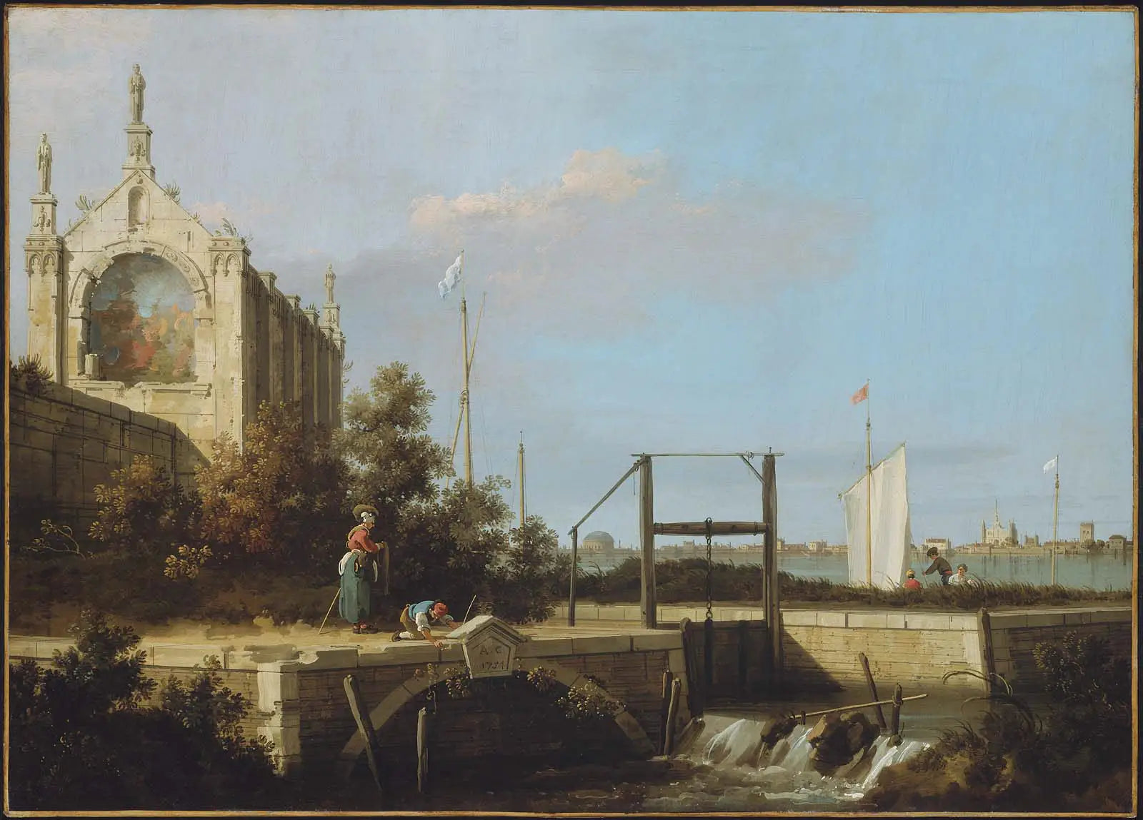 Capriccio : Une écluse sur une rivière avec une chapelle - Canaletto image 1 reproduction de peinture à l’huile