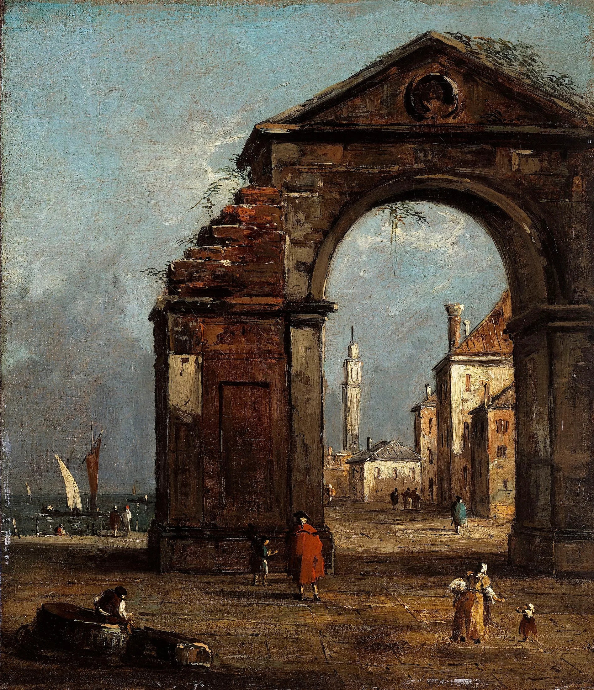 Caprice, avec arc triomphal en ruine et paysage du bord de la lagune - Francesco Guardi image 1 reproduction de peinture à l’huile