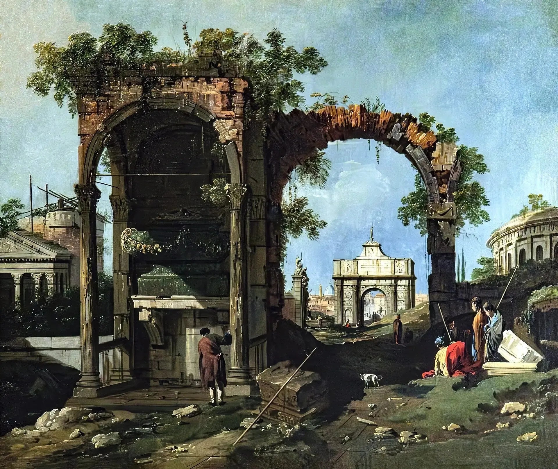 Caprice avec ruines classiques et édifices - Canaletto image 1 copie de tableau peinte à la main