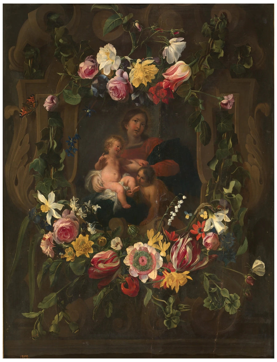 Cartouche sculptée ornée de fleurs représentant la Vierge à l'Enfant avec Saint Jean - Cornelis Schut III|Daniel Seghers