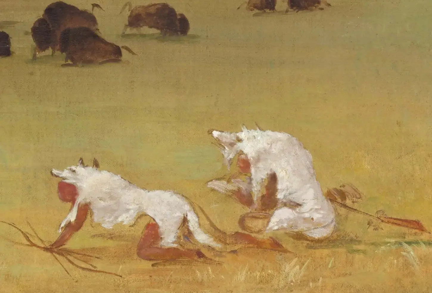 Catlin et son guide indien s'approchant du bison sous des peaux de loup blanc - George Catlin image 1 reproduction de peinture à l’huile