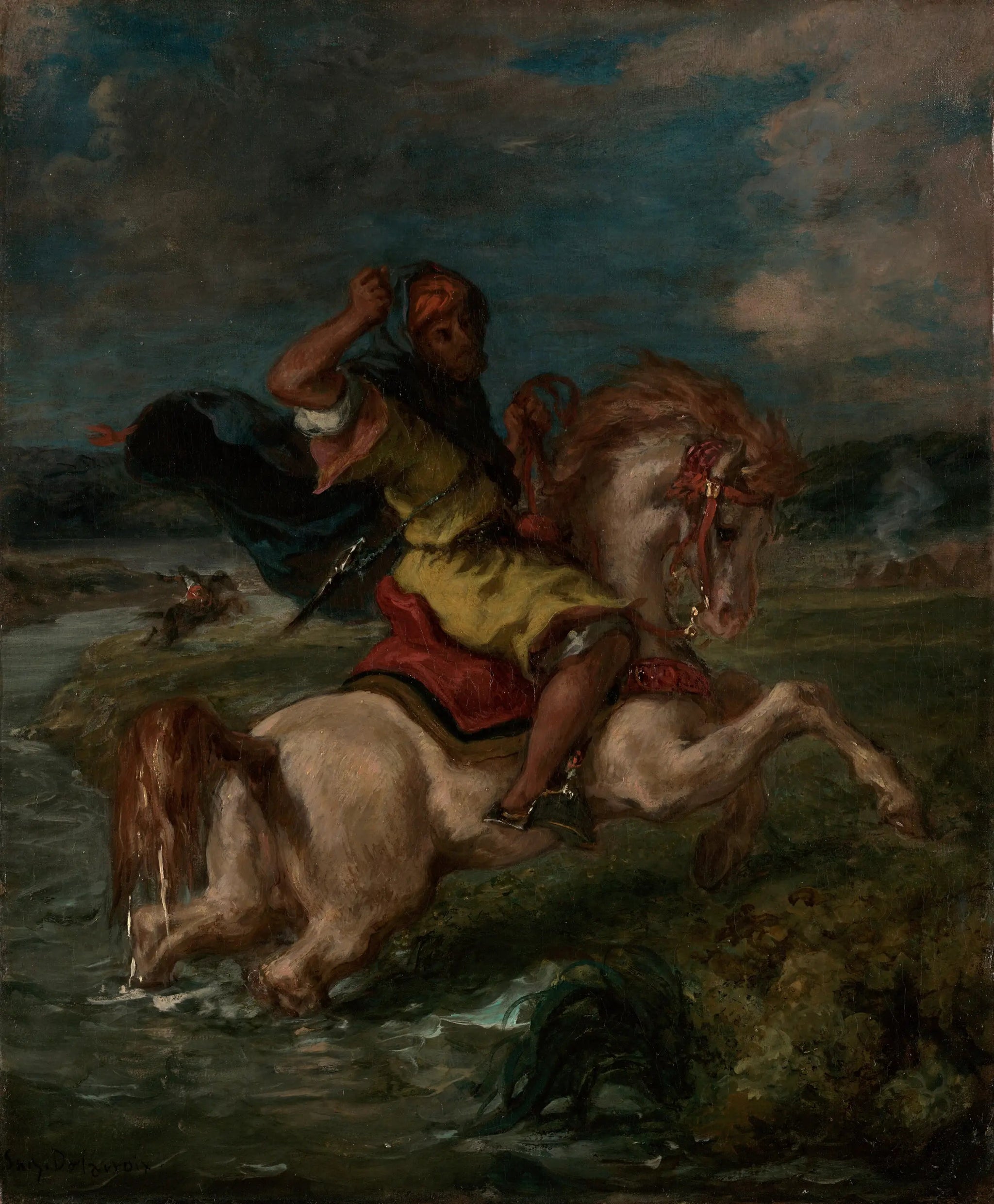 Cavalier marocain traversant un gué - Eugène Delacroix image 1 reproduction artisanale de tableau