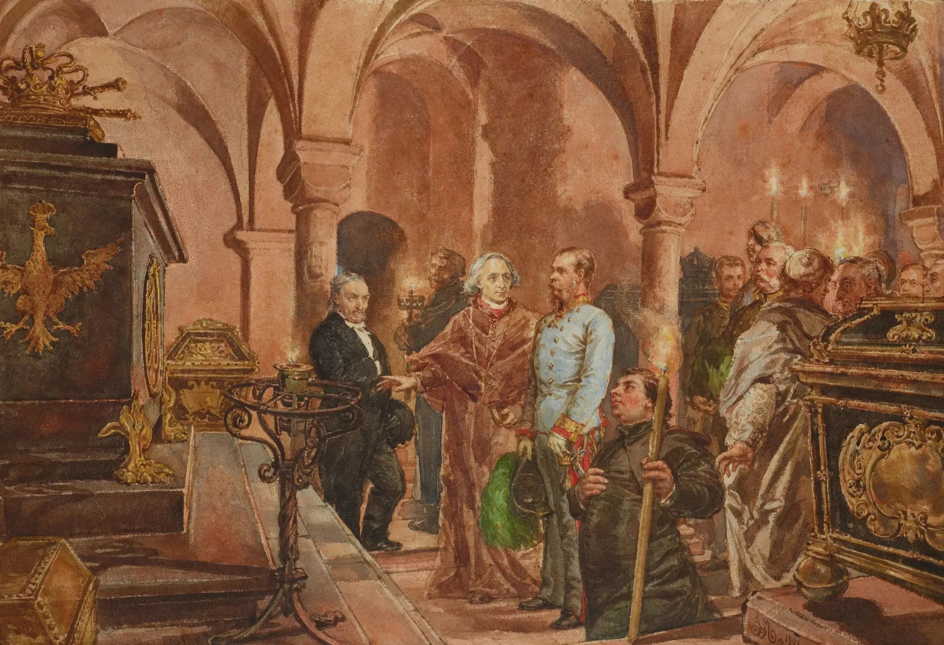 Cesarz przed sarkofagiem króla Jana III Sobieskiego w krypcie św. Leonarda w katedrze na Wawelu - Jan Matejko image 1 tableau peint à l’huile sur toile