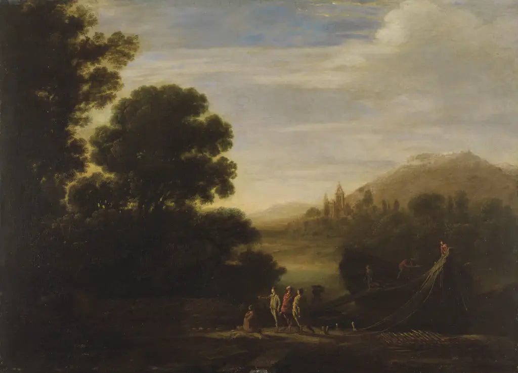Chargement du bois dans la lueur dorée du soir - Claude Lorrain image 1 tableau peint à l’huile sur toile
