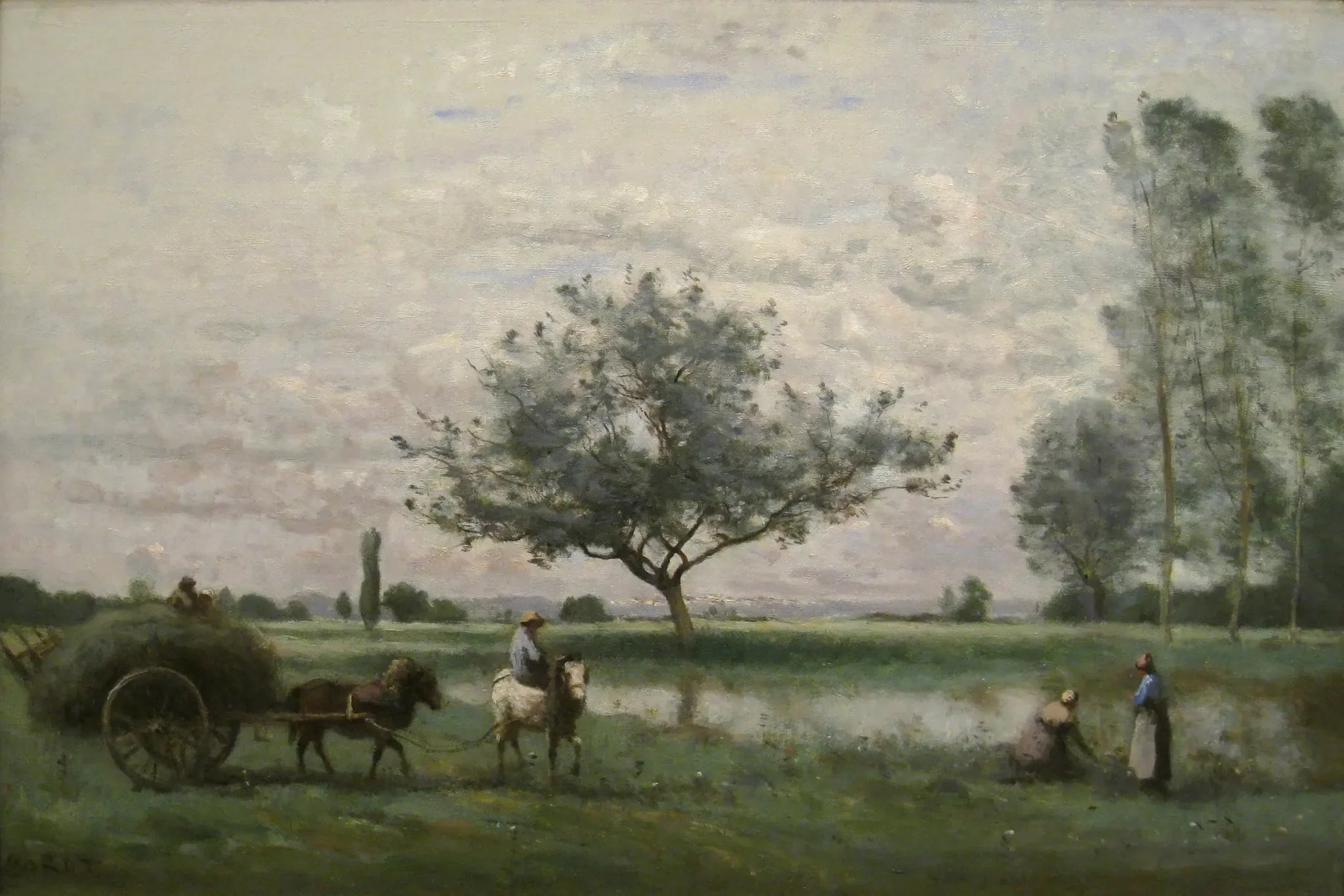 Charrette de foin longeant une rivière - Jean-Baptiste Camille Corot image 1 tableau peint à l’huile sur toile