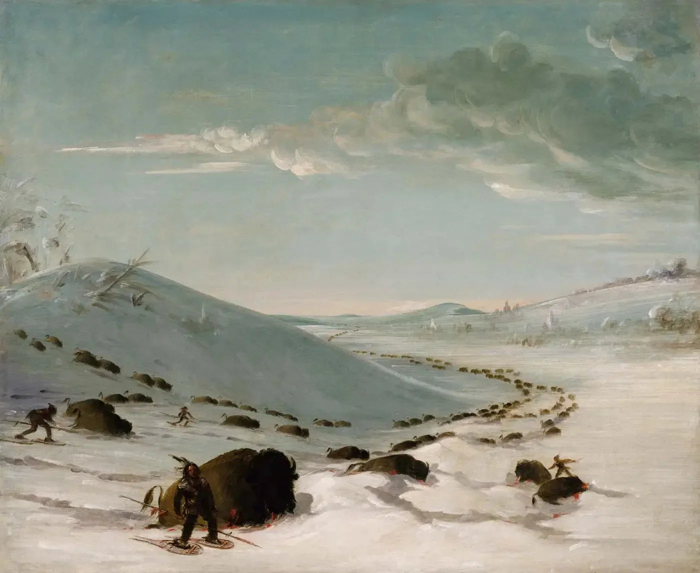 Chasse au bison en hiver, Indiens en raquettes - George Catlin image 1 copie peinte à la main à l’huile