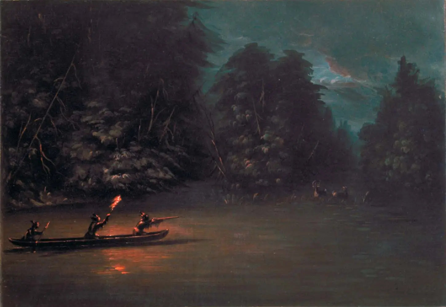 Chasse au cerf aux flambeaux en canoë d'écorce - George Catlin image 1 reproduction d’œuvre d’art à l’huile