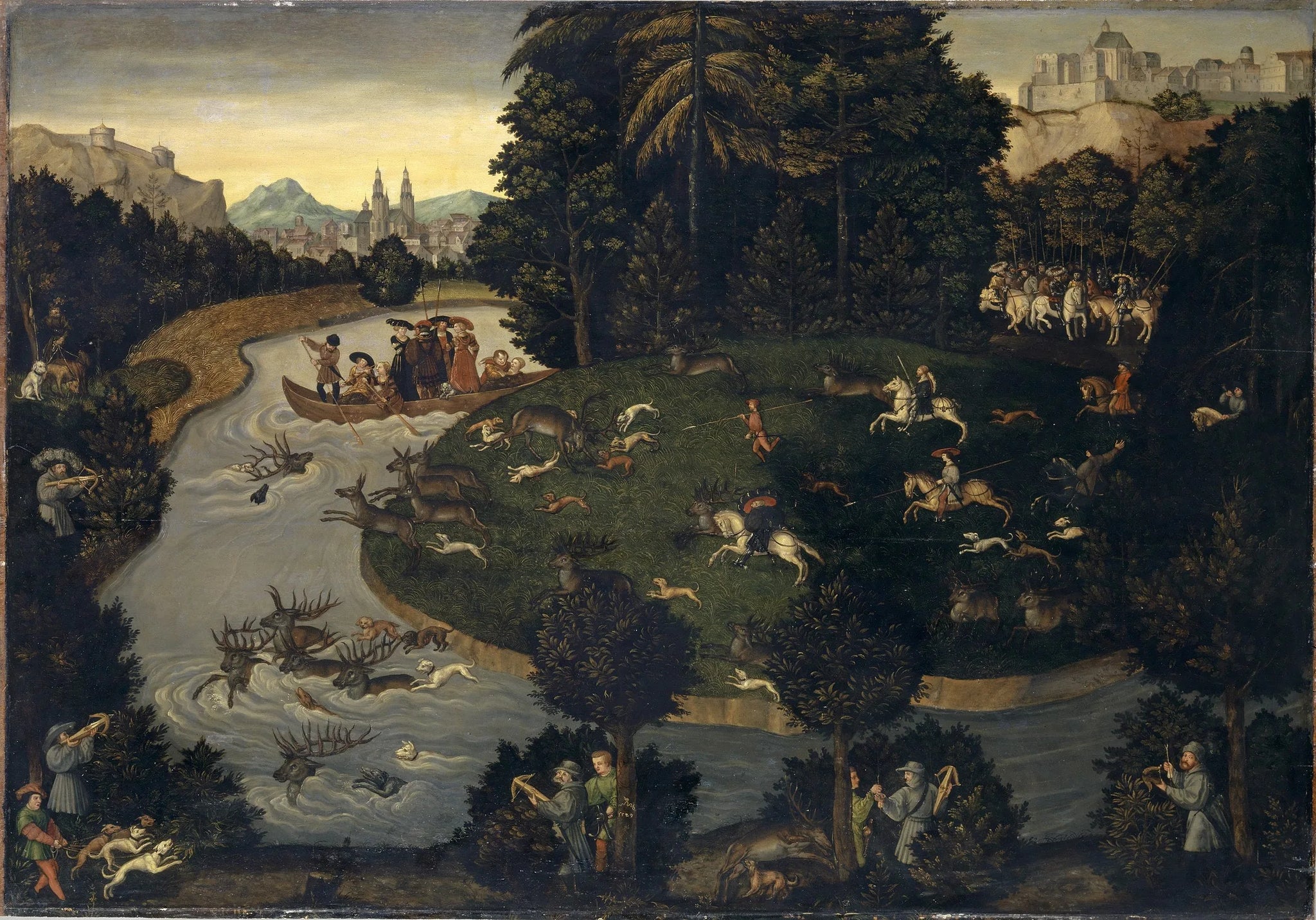 Chasse aux cerfs de Frédéric le Sage avec l'empereur Maximilien Ier - Lucas Cranach the Elder image 1 copie de tableau peinte à la main