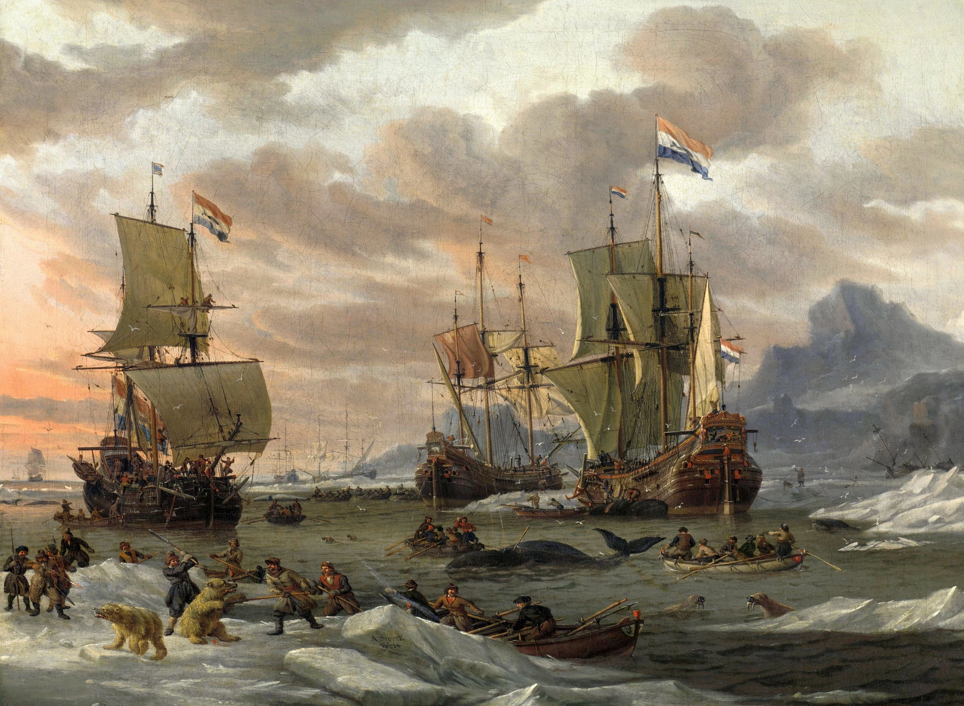 Chasse à la baleine dans la mer Arctique - Abraham Storck