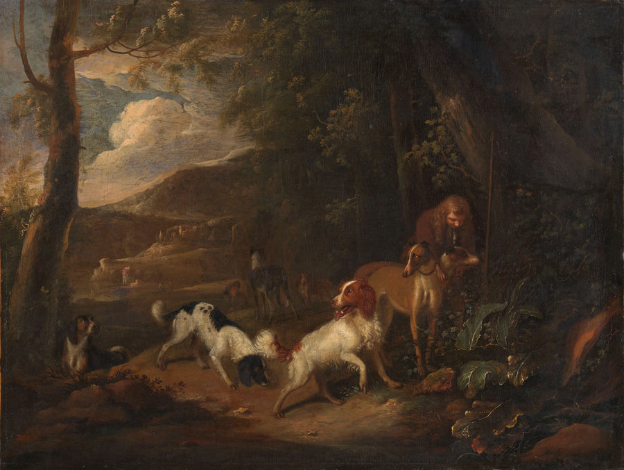 Chasseur avec chiens en lisière de forêt - Adriaen Cornelisz Beeldemaker