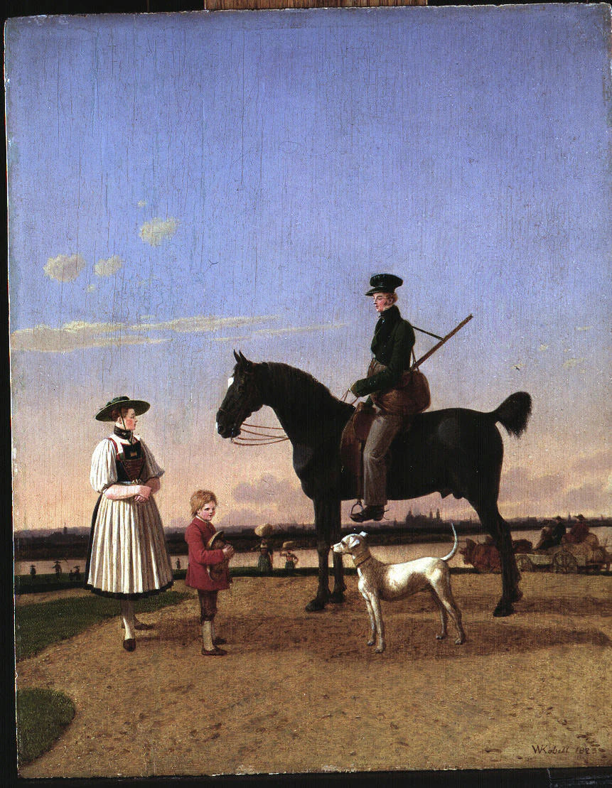 Un chasseur et une paysanne au bord de la rivière Isar avec vue sur Munich - Wilhelm von Kobell
