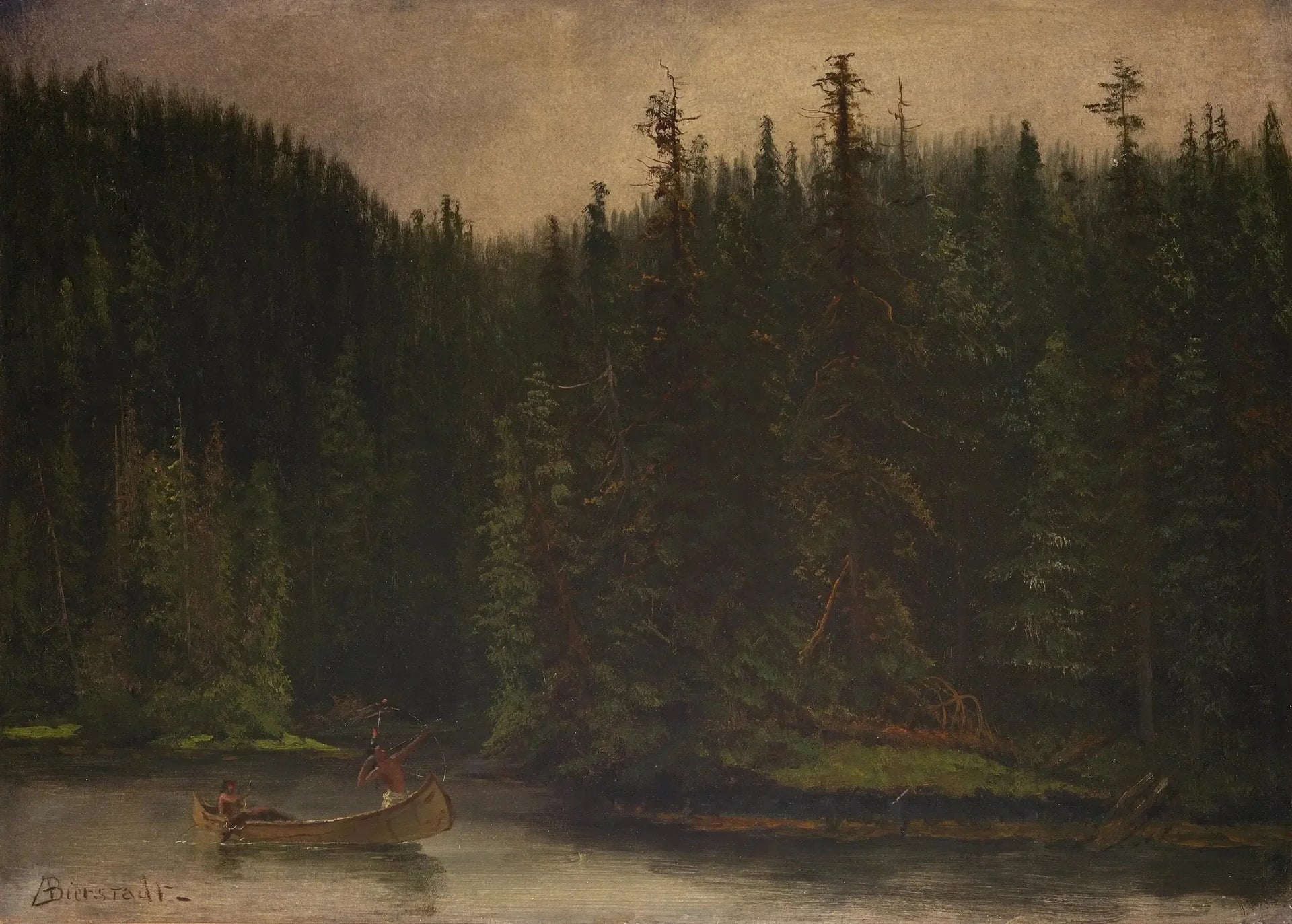 Chasseurs indiens en canoë - Albert Bierstadt image 1 reproduction artisanale de tableau