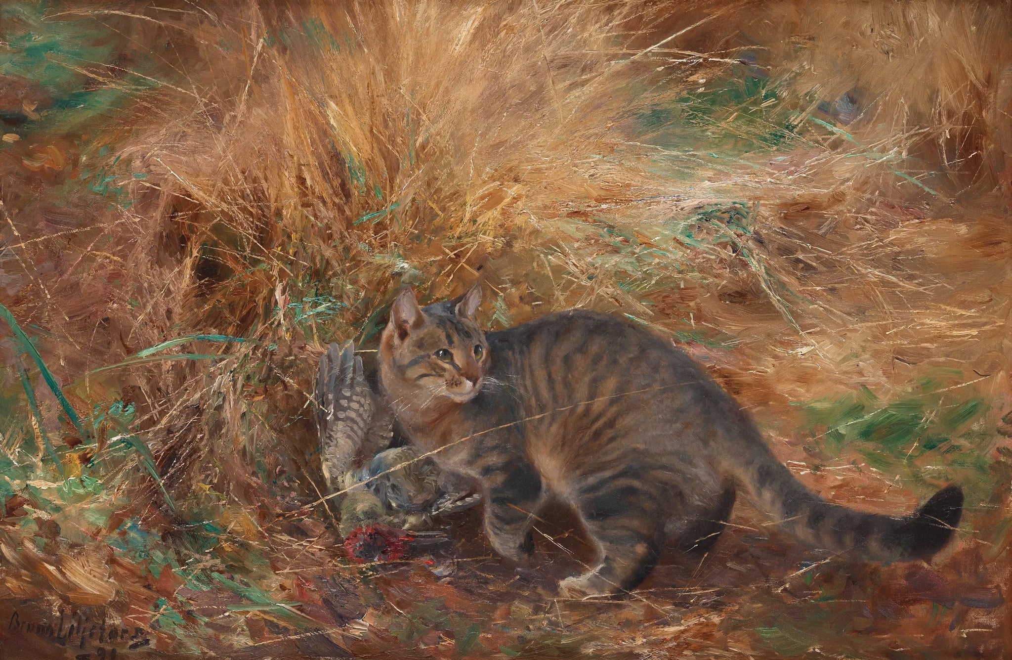 Chat avec un pic vert européen - Bruno Liljefors image 1 copie de tableau peinte à la main