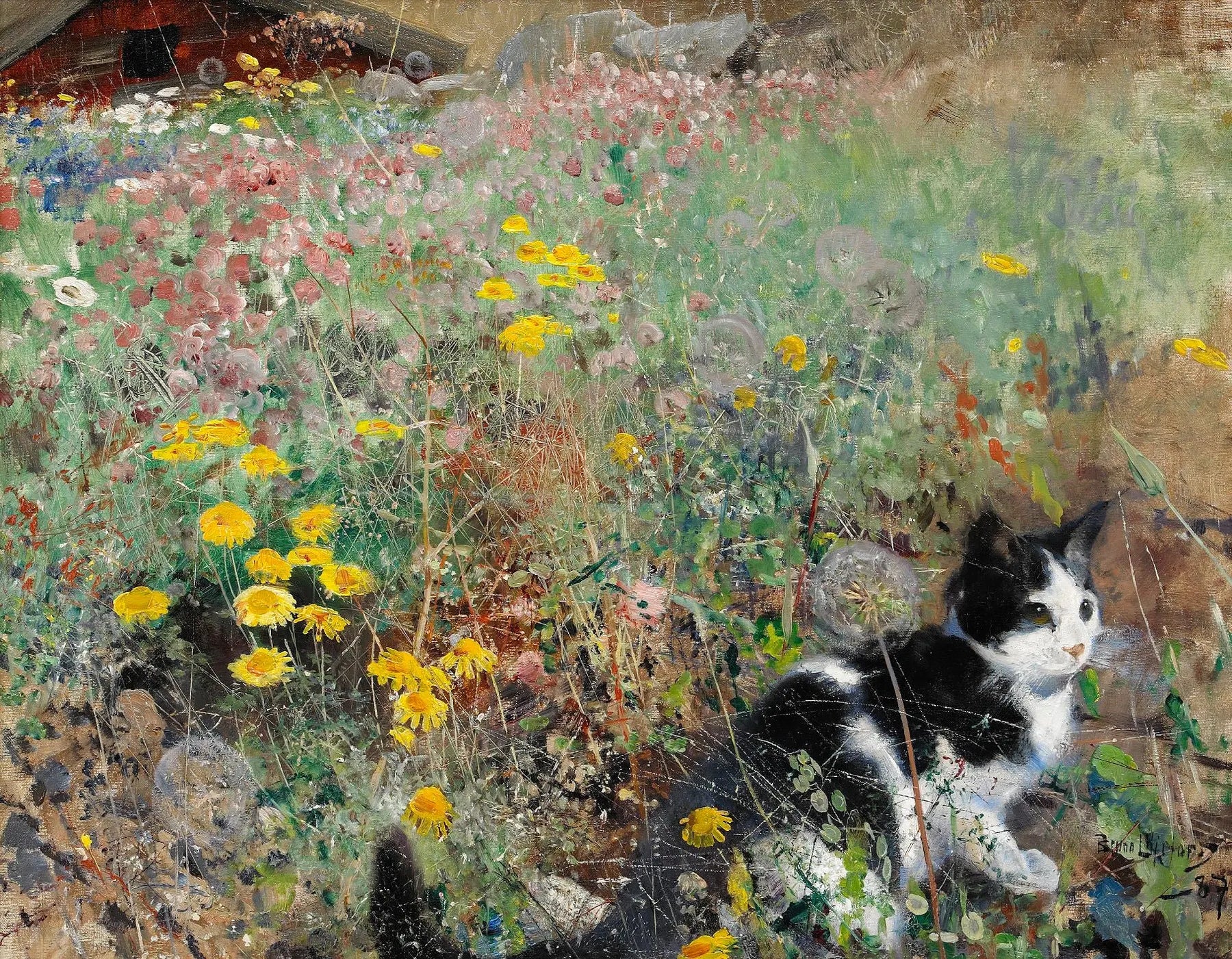 Chat dans une prairie fleurie - Bruno Liljefors image 1 copie de tableau peinte à la main
