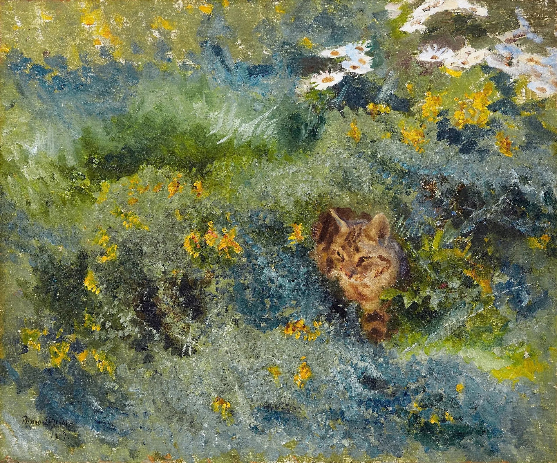 Chat dans une prairie fleurie d'été - Bruno Liljefors image 1 reproduction réalisée par Alpha Reproduction