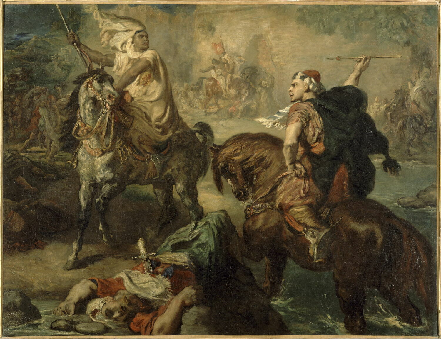 Chefs de tribus arabes se défiant au combat singulier, sous les remparts d'une ville - Théodore Chassériau image 1 copie de tableau peinte à la main