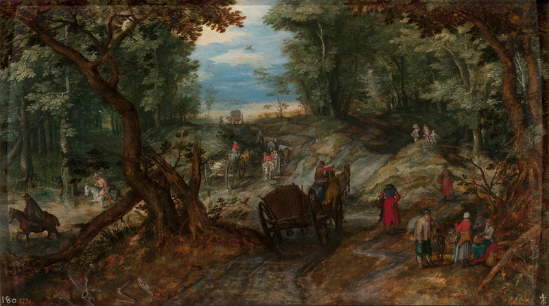 Chemin forestier à côté d'un étang guéable avec des voyageurs - Jan Brueghel l'Ancien
