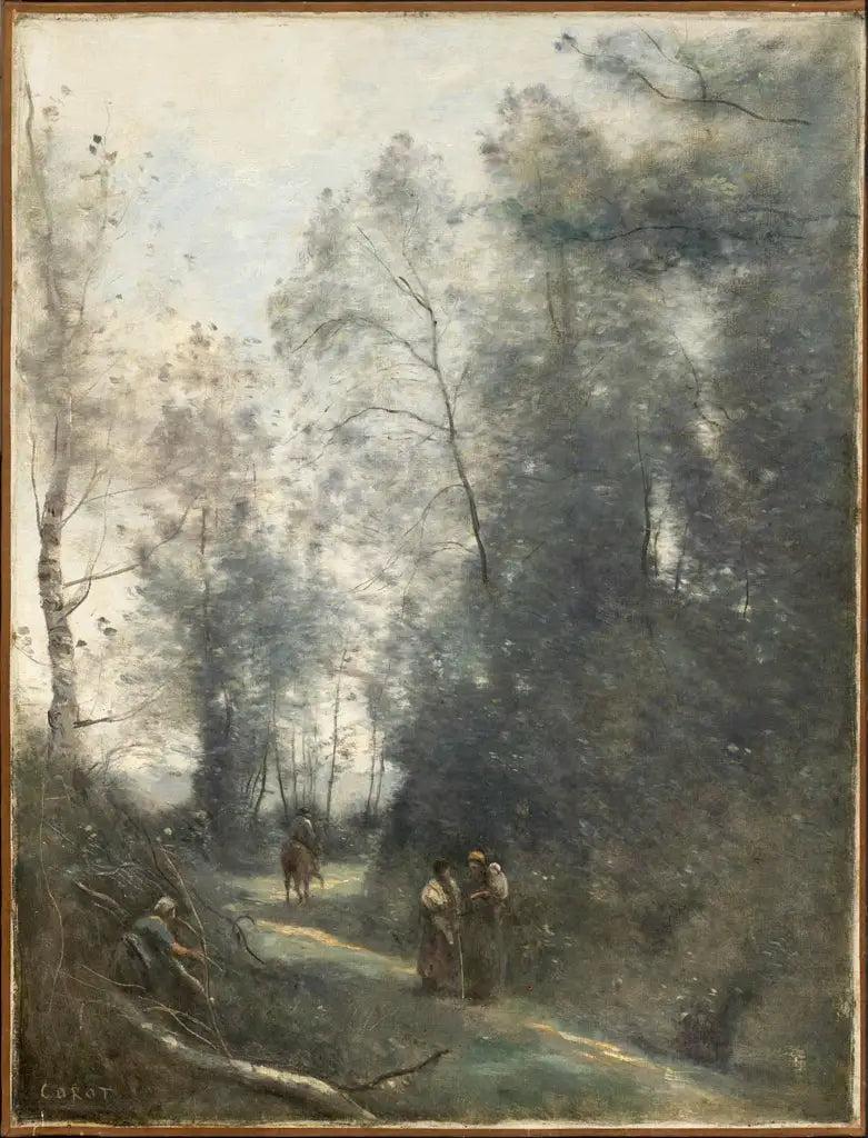 Chemin tournant avec trois paysannes et un cavalier - Jean-Baptiste Camille Corot image 1 reproduction réalisée par Alpha Reproduction