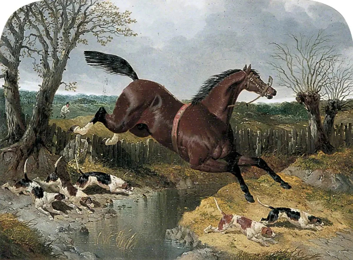 Cheval alezan fugueur avec des beagles - John Frederick Herring, Sr. image 1 tableau peint à l’huile sur toile