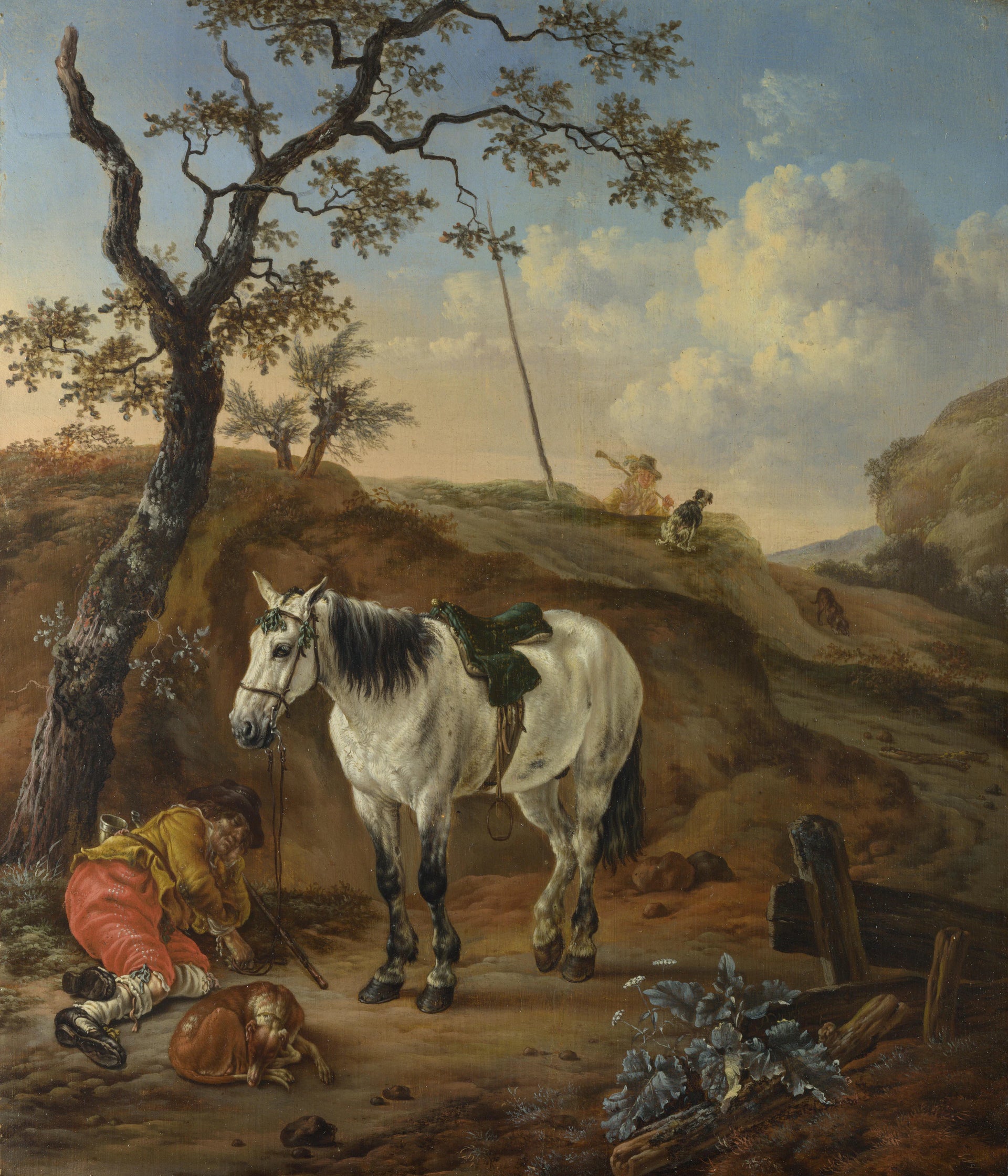 Un cheval blanc debout près d'un homme endormi - Pieter Verbeeck