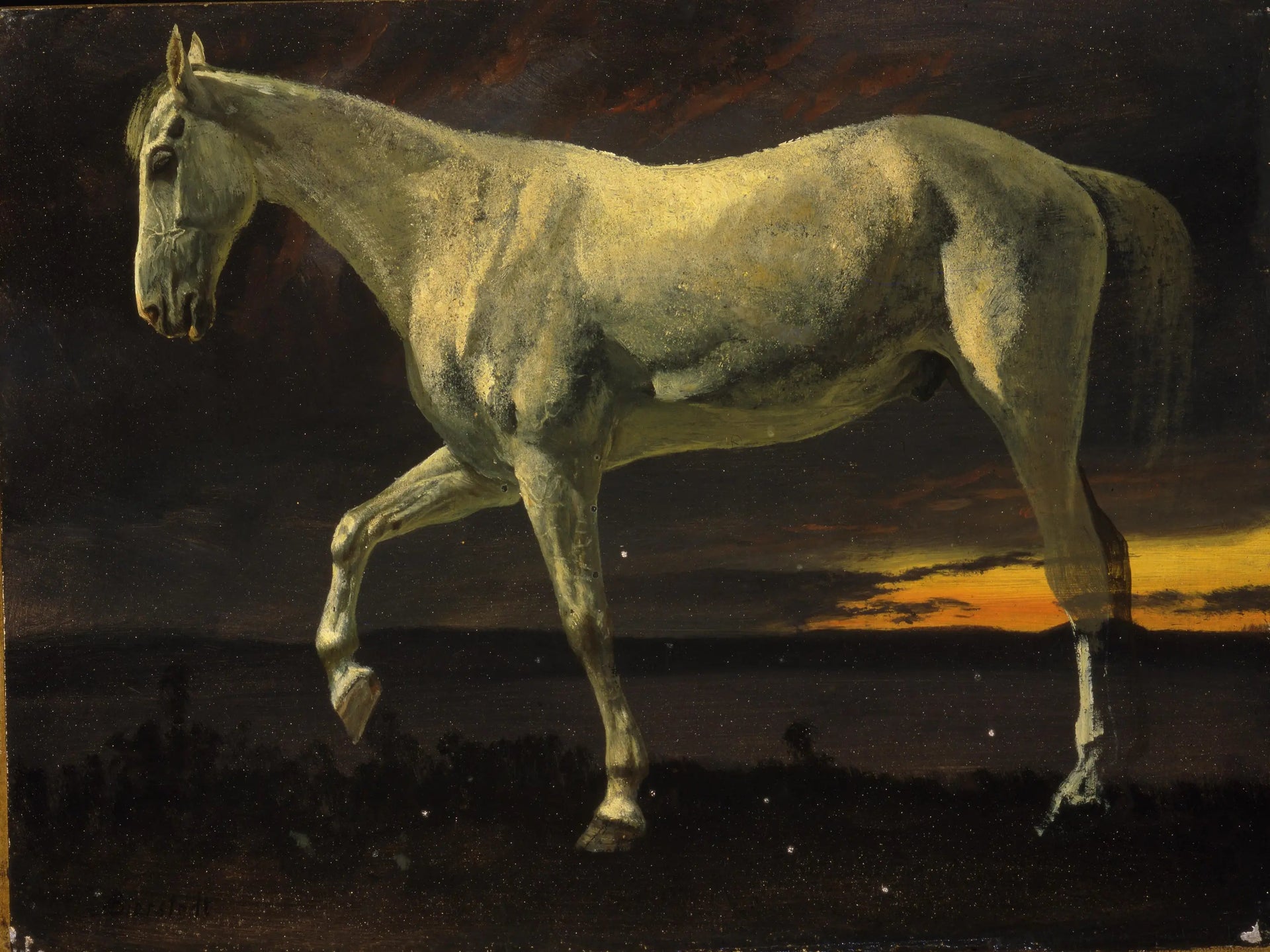 Cheval blanc et coucher de soleil - Albert Bierstadt image 1 copie de tableau peinte à la main
