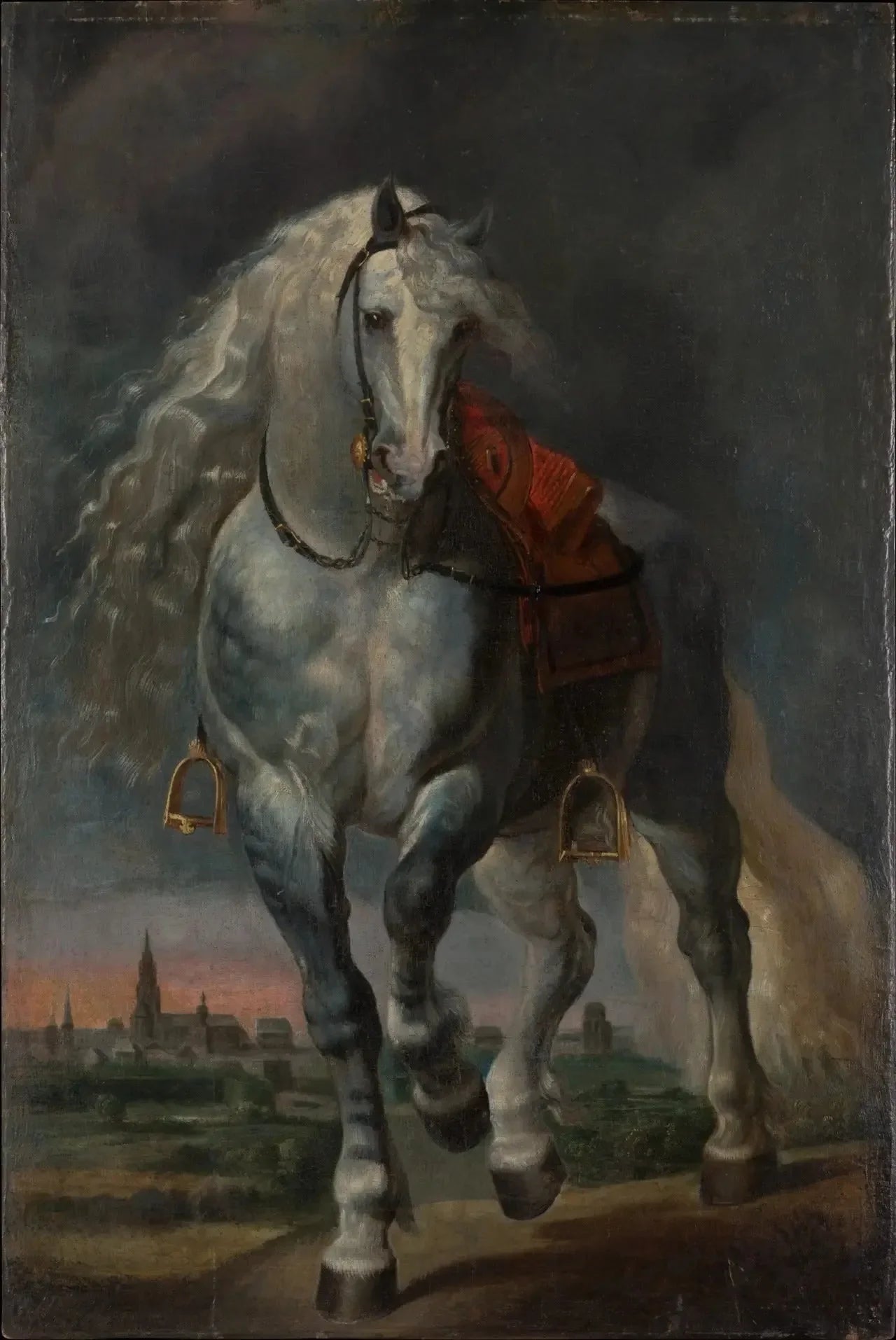 Cheval blanc trottant sur un paysage plat devant une ville - Peter Paul Rubens image 1 reproduction artisanale de tableau